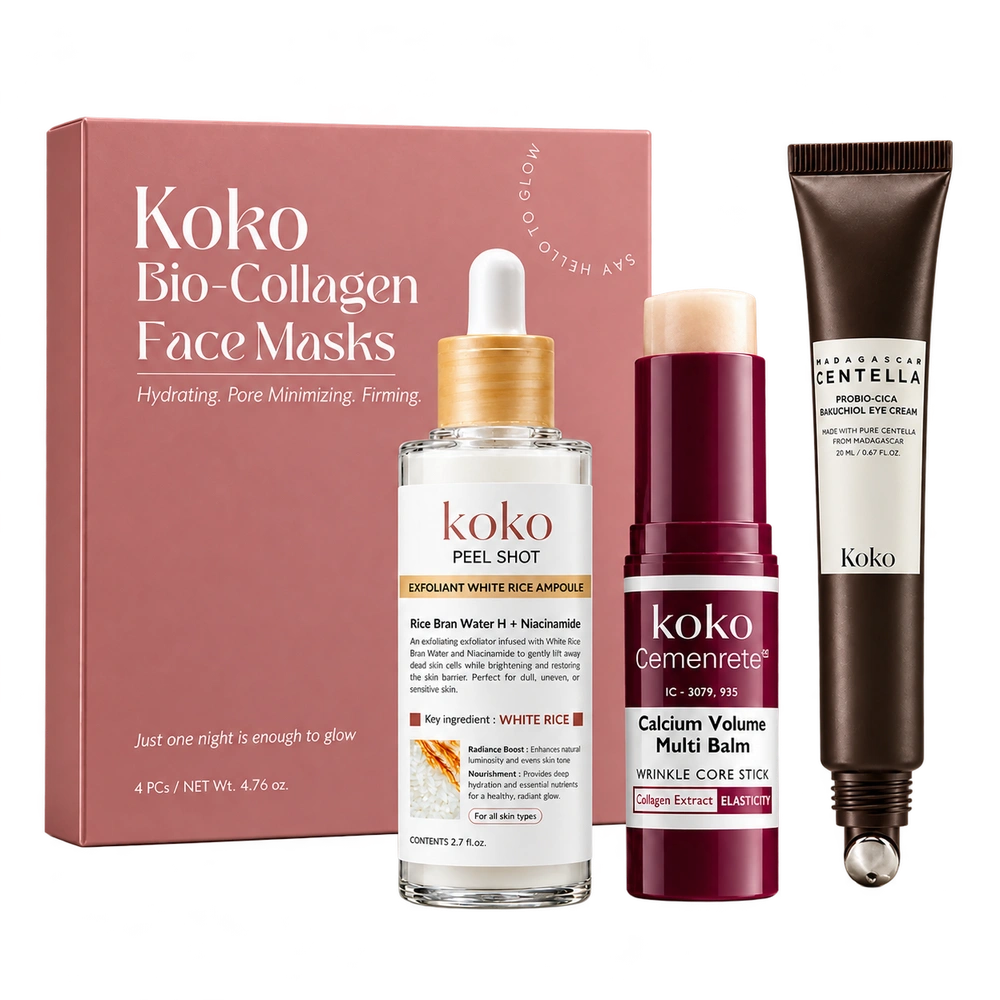 Koko Glow Essentials: Calcium Multi Balm, Peptide Eye Repair, Glow Rice Ampoule and Bio-Collagen Mask