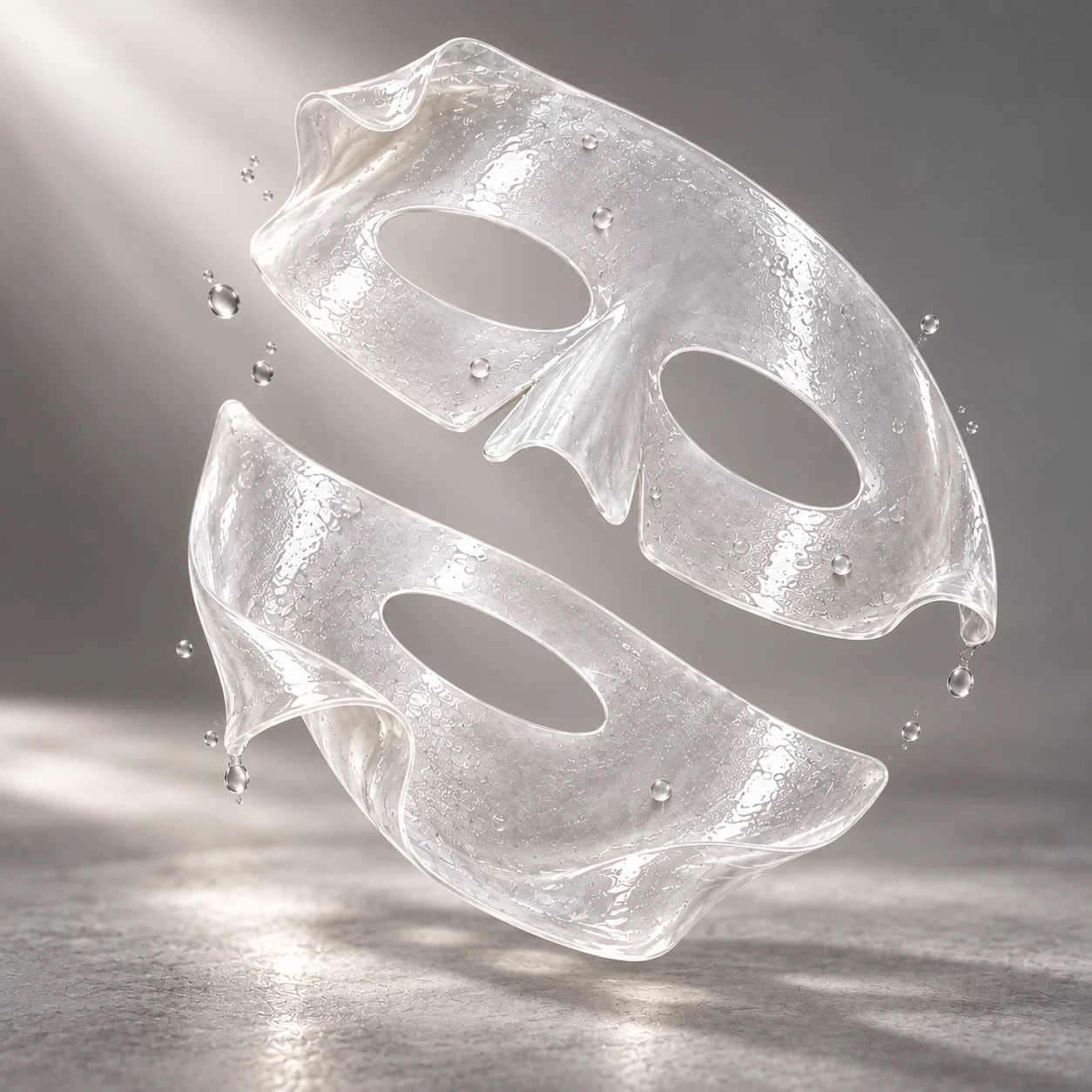 Two translucent hydrogel mask pieces ready to apply