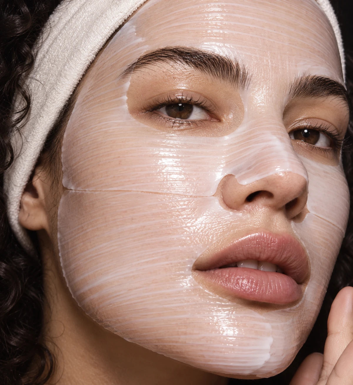 Woman wearing a face mask with a soft headband