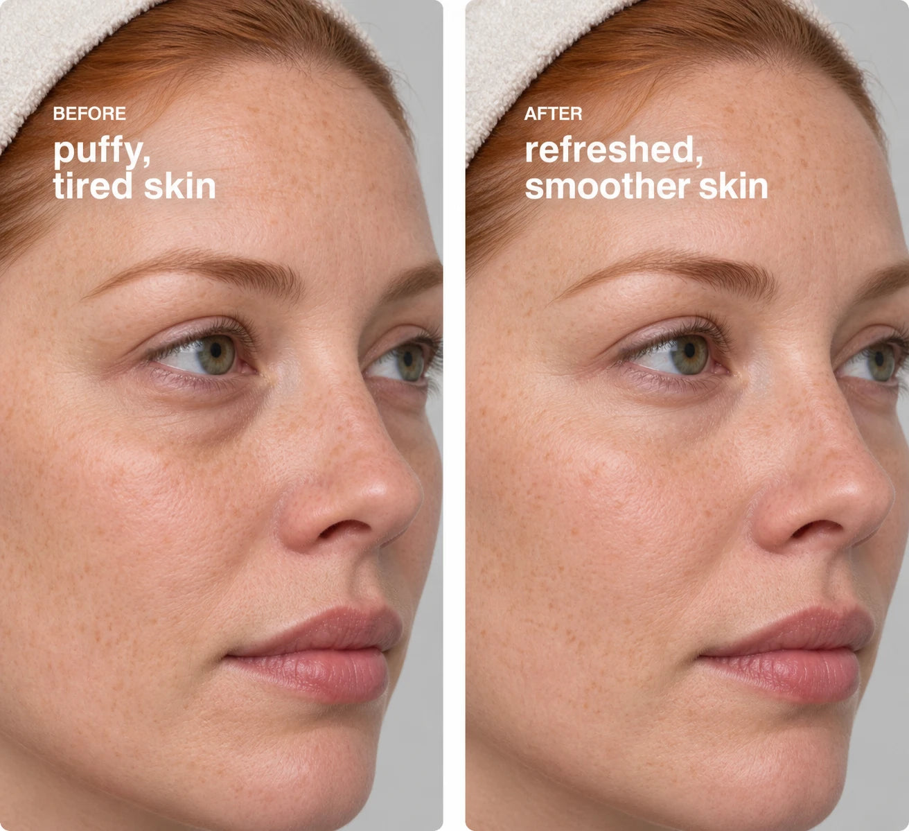 Side-by-side skin comparison: before and after, refreshed and smoother skin.