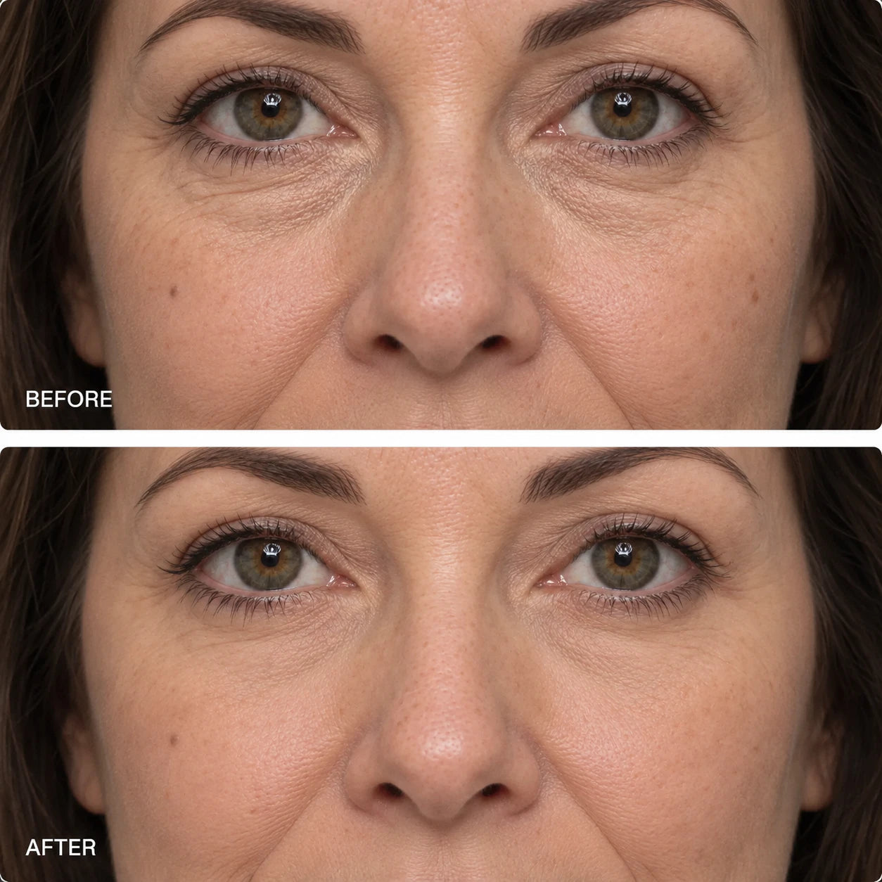 Before and after comparison showing a softer-looking appearance of fine lines and skin texture