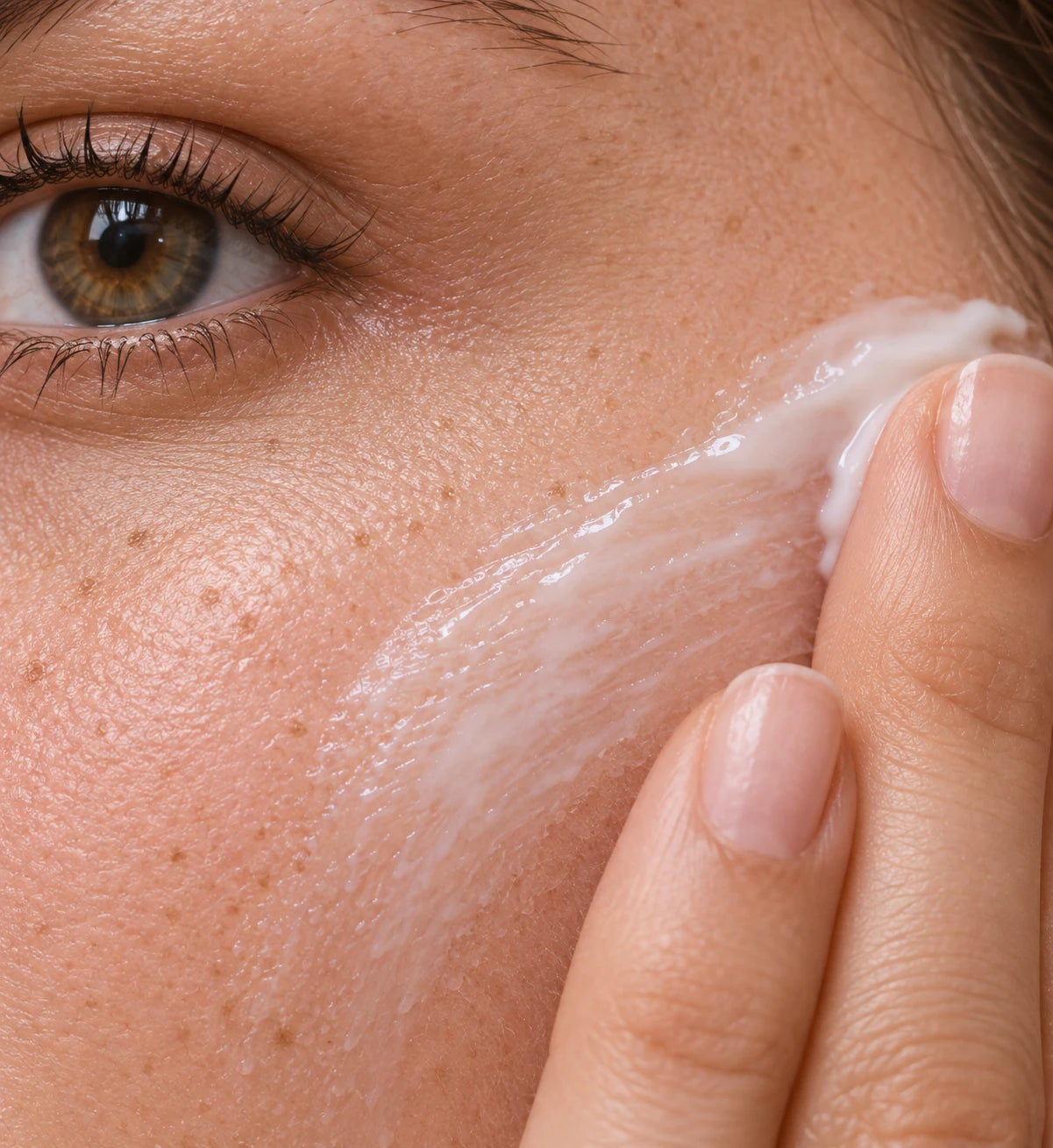 Fingertips applying milky serum to the cheek