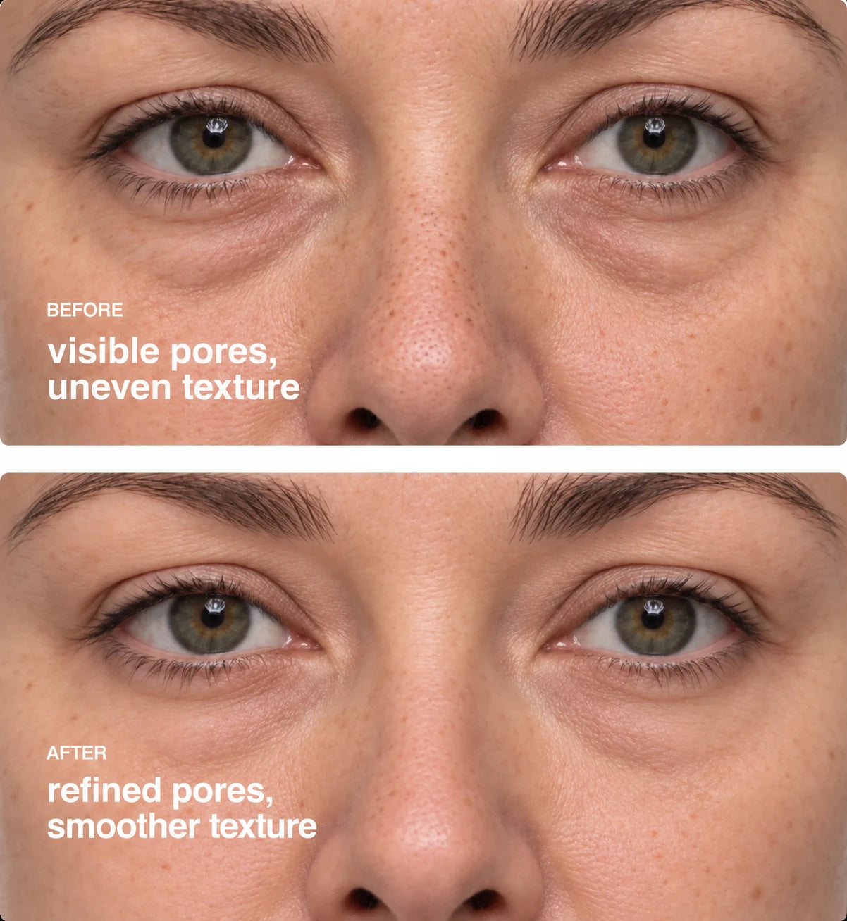 Illustrative result: visible pores and uneven texture before, refined pores and smoother texture after