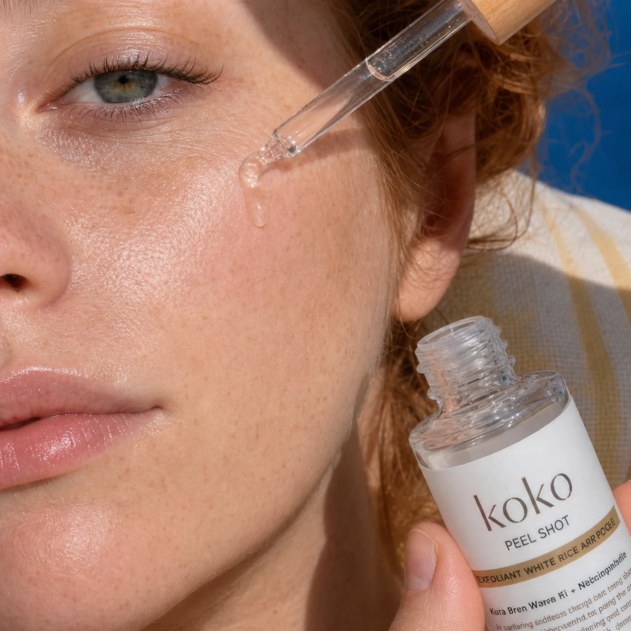 Koko campaign: a close-up of Glow Rice Ampoule application
