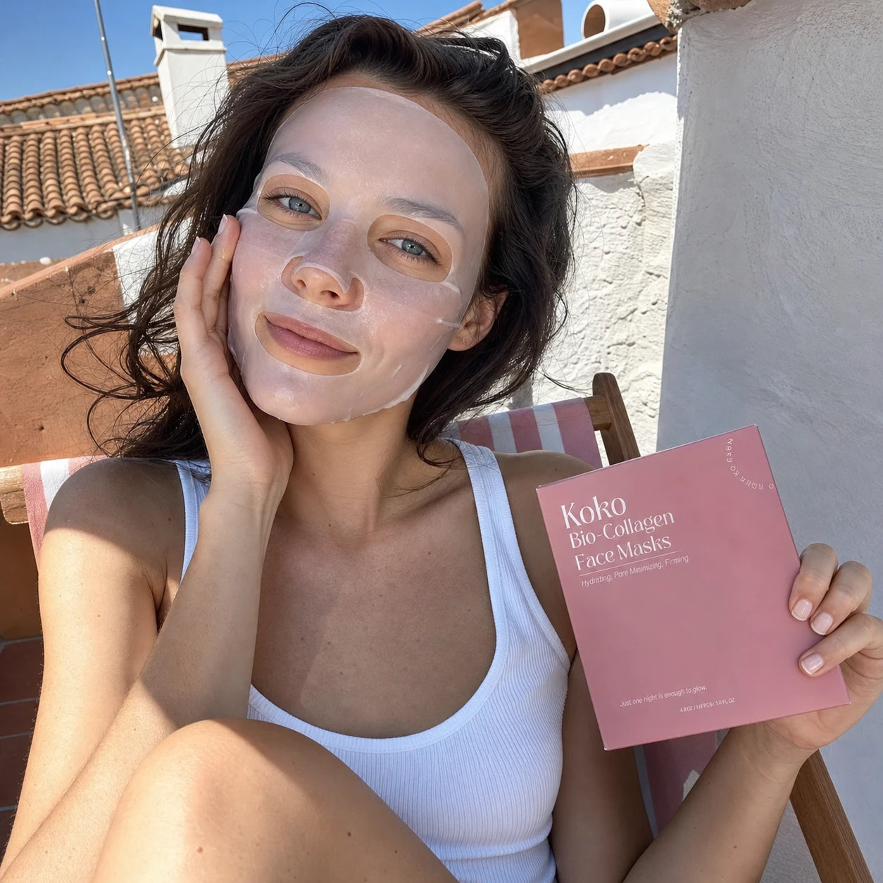 Koko campaign: Bio-Collagen Face Mask on a sunny terrace